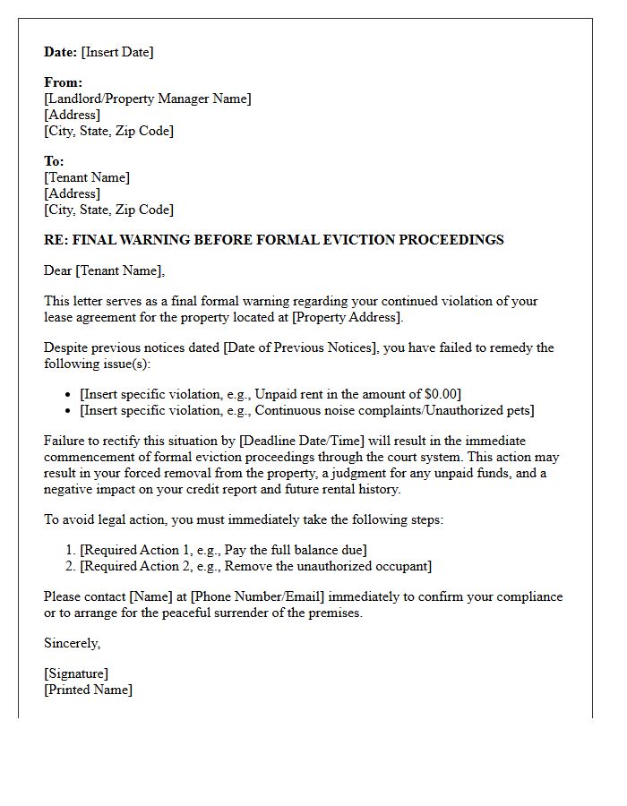 Final Warning Before Formal Eviction Proceedings Letter