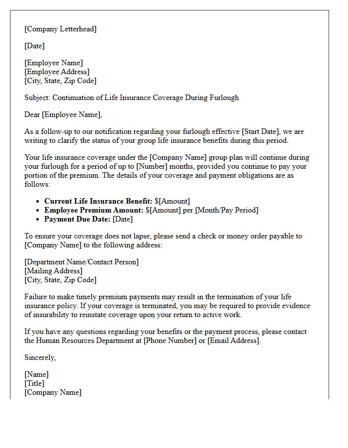 Furlough Life Insurance Continuation Letter