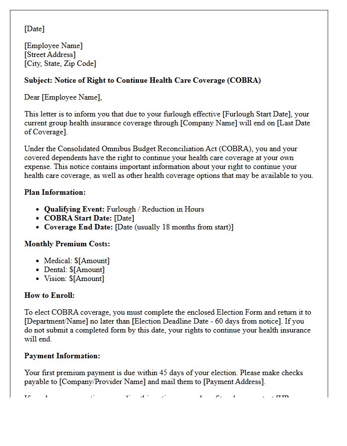 Furlough COBRA Benefits Enrollment Letter