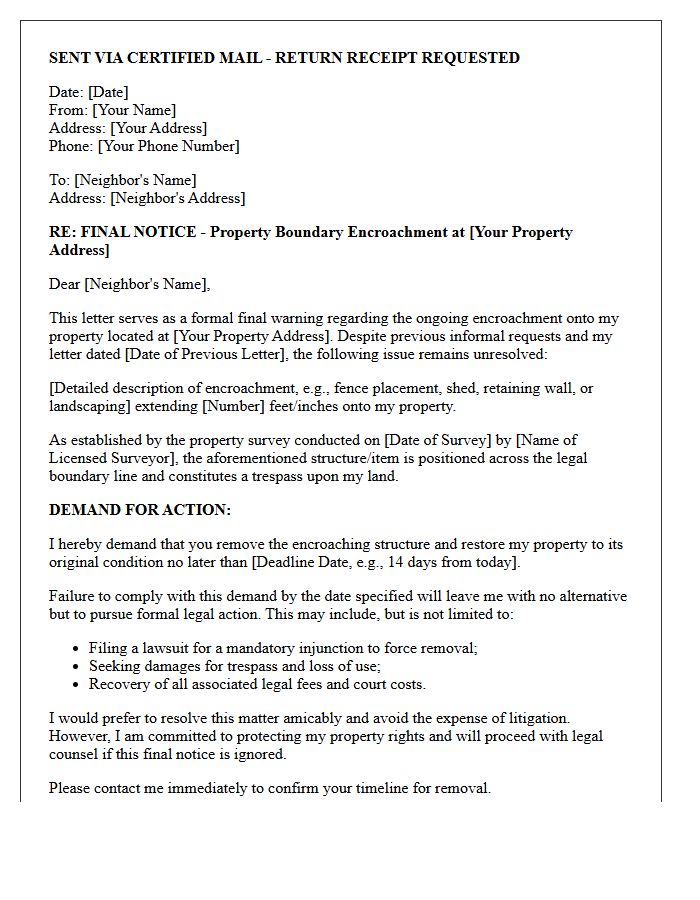 Final Warning Property Boundary Encroachment Demand Letter