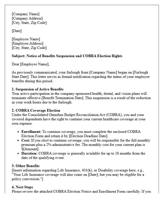 Furlough Benefits Suspension And COBRA Election Letter