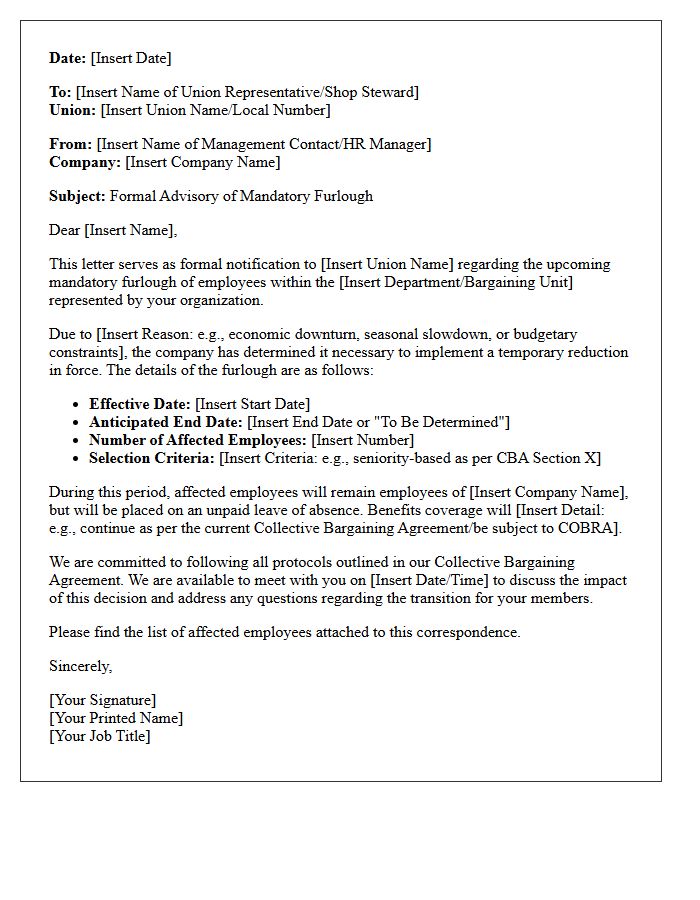 Union Representative Furlough Advisory Letter