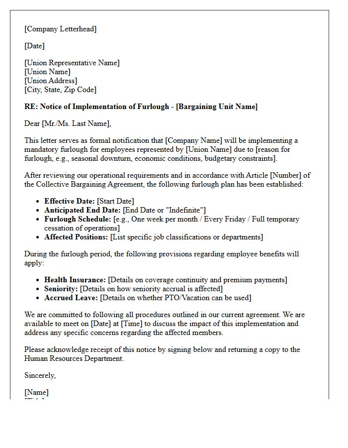 Human Resources Union Furlough Implementation Letter