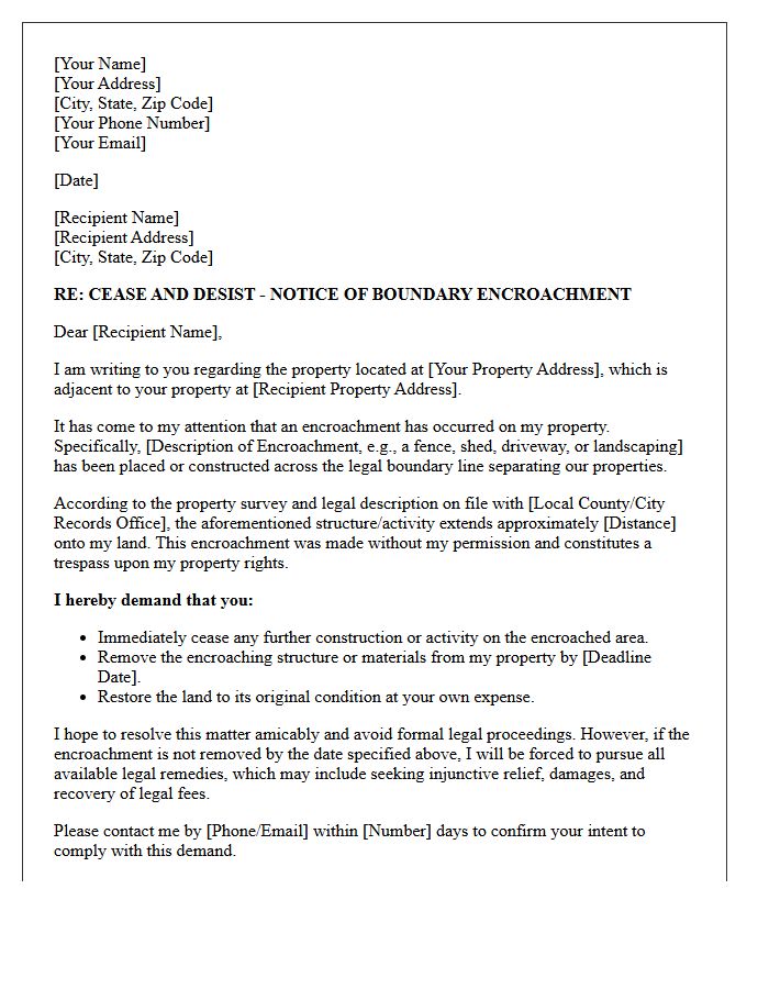 Cease and Desist Boundary Encroachment Demand Letter