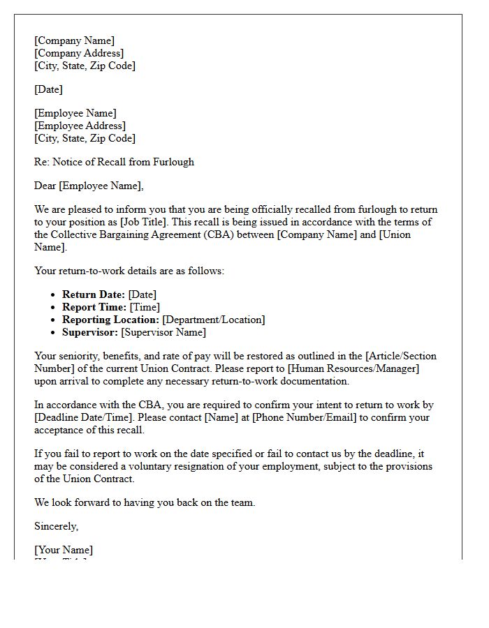 Recall from Furlough Notice Letter for Union Members
