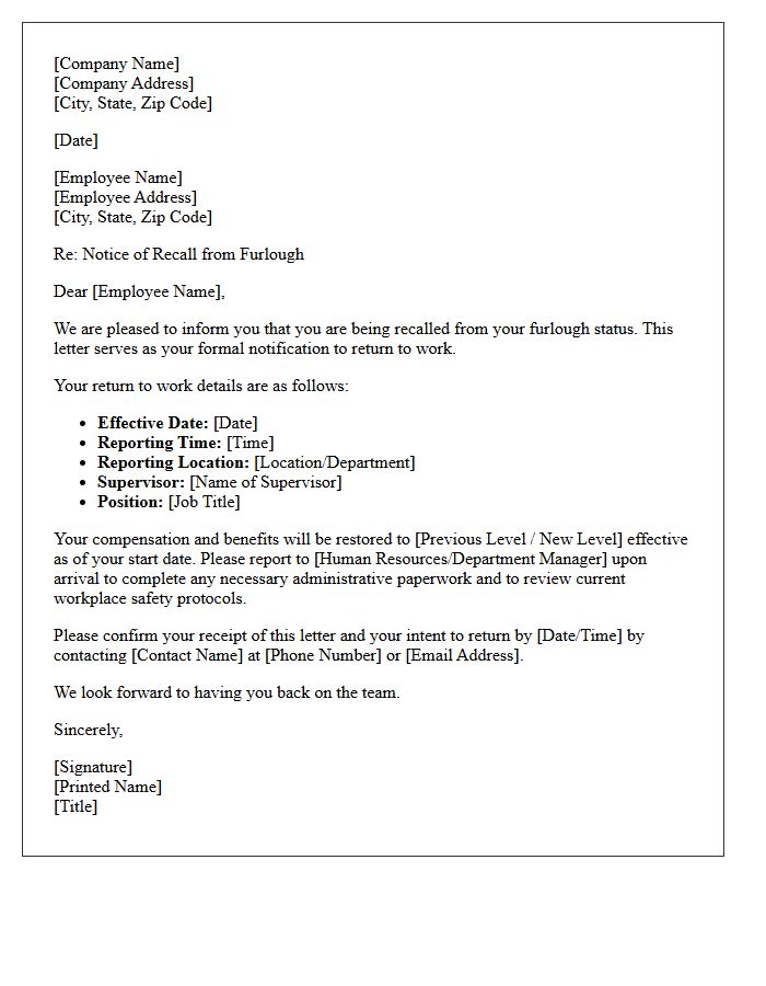 Return to Work Furlough Status Letter