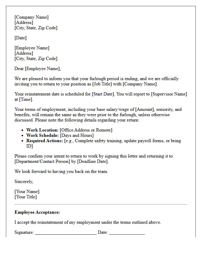 Standard Post-Furlough Reinstatement Letter