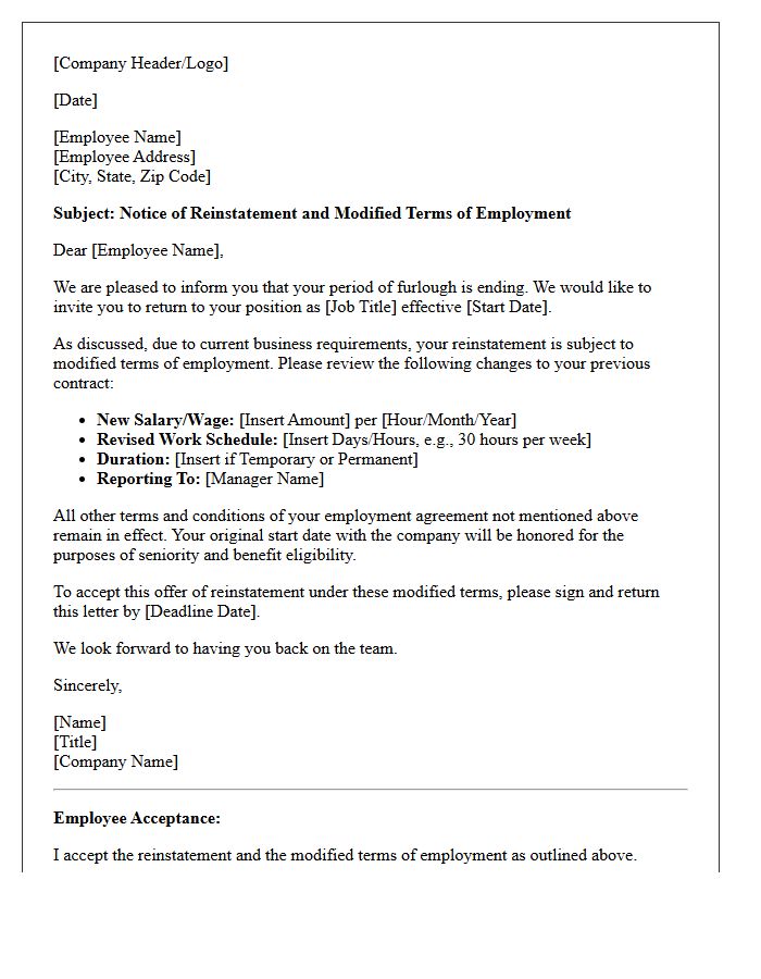Modified Terms Post-Furlough Reinstatement Letter