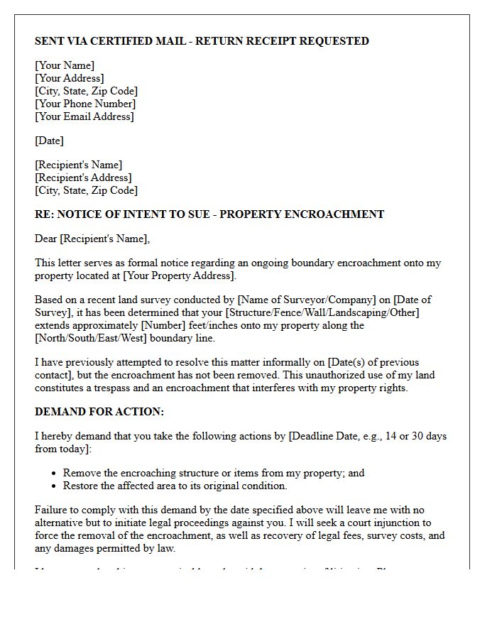 Notice of Intent to Sue Boundary Encroachment Demand Letter