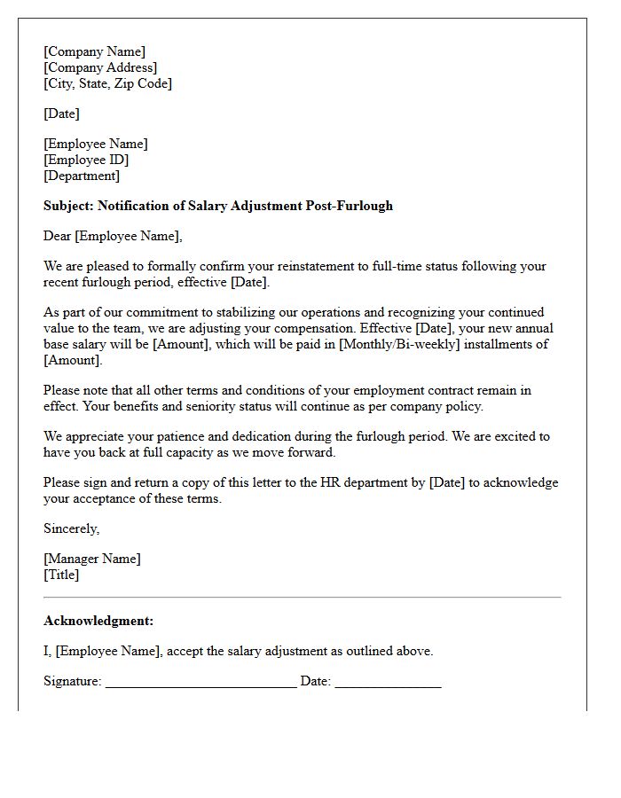 Salary Adjustment Post-Furlough Reinstatement Letter