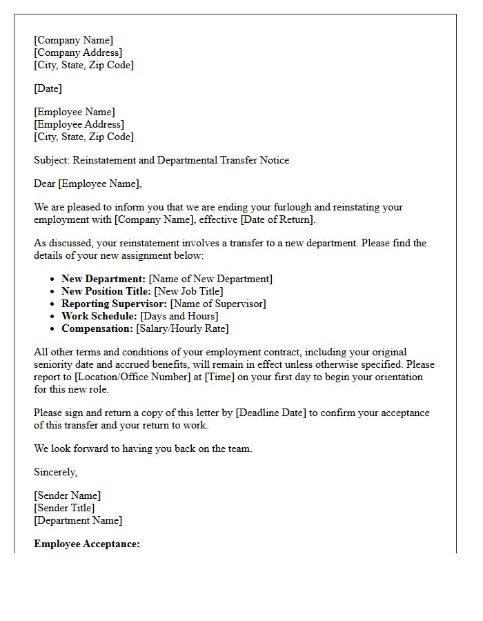 Departmental Transfer Post-Furlough Reinstatement Letter