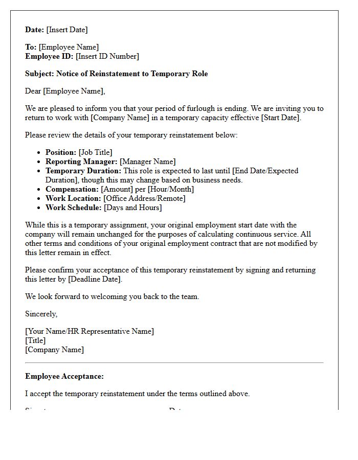 Temporary Role Post-Furlough Reinstatement Letter