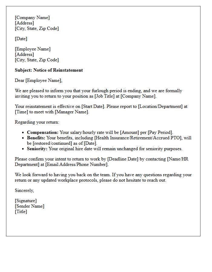 Notice of Post-Furlough Reinstatement Letter