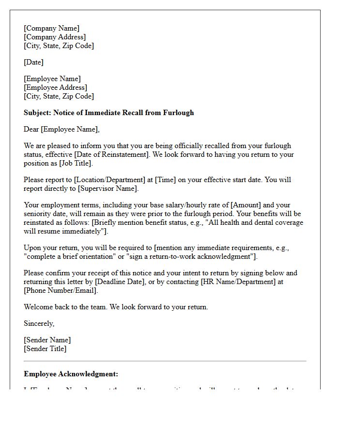 Immediate Recall Post-Furlough Reinstatement Letter