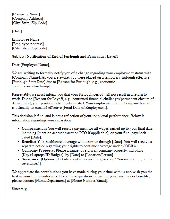 End of Furlough and Permanent Layoff Declaration Letter