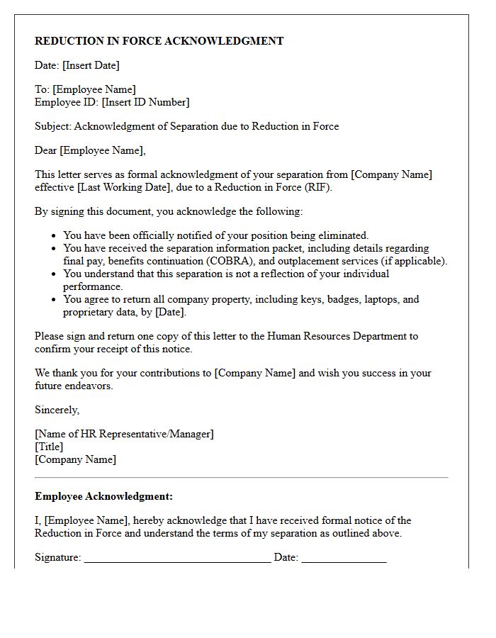 Reduction In Force Acknowledgment Letter