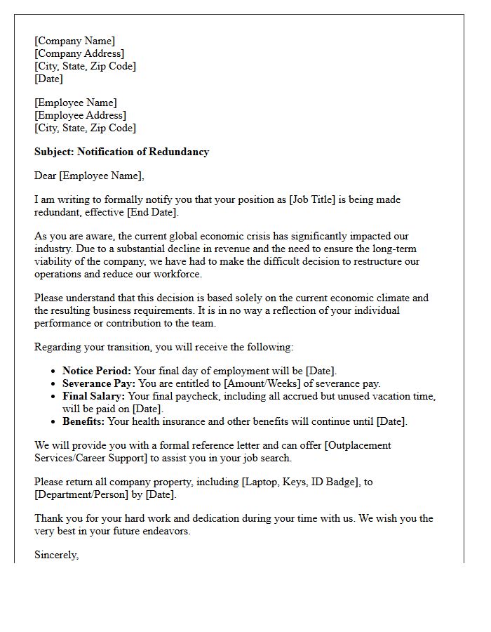 Economic Crisis Role Redundancy Letter