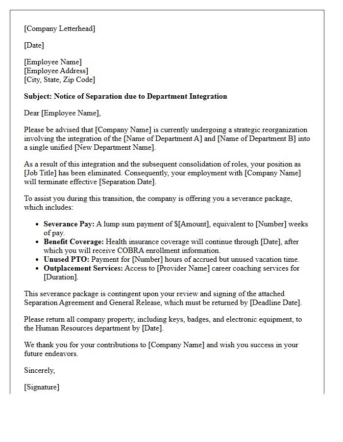 Department Integration Severance Letter