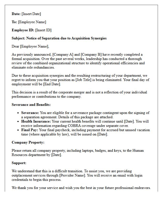 Acquisition Synergies Workforce Reduction Letter