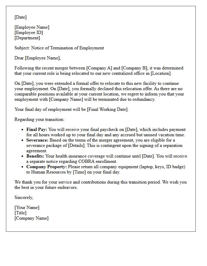 Post-Merger Relocation Refusal Layoff Letter