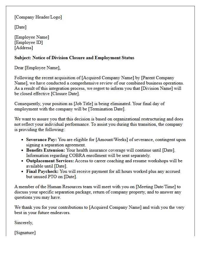 Acquired Company Division Closure Letter