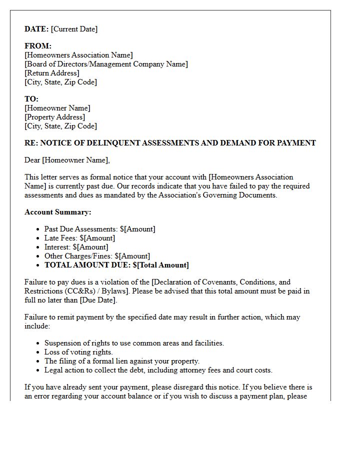 Delinquent Assessment And Dues Violation Demand Letter