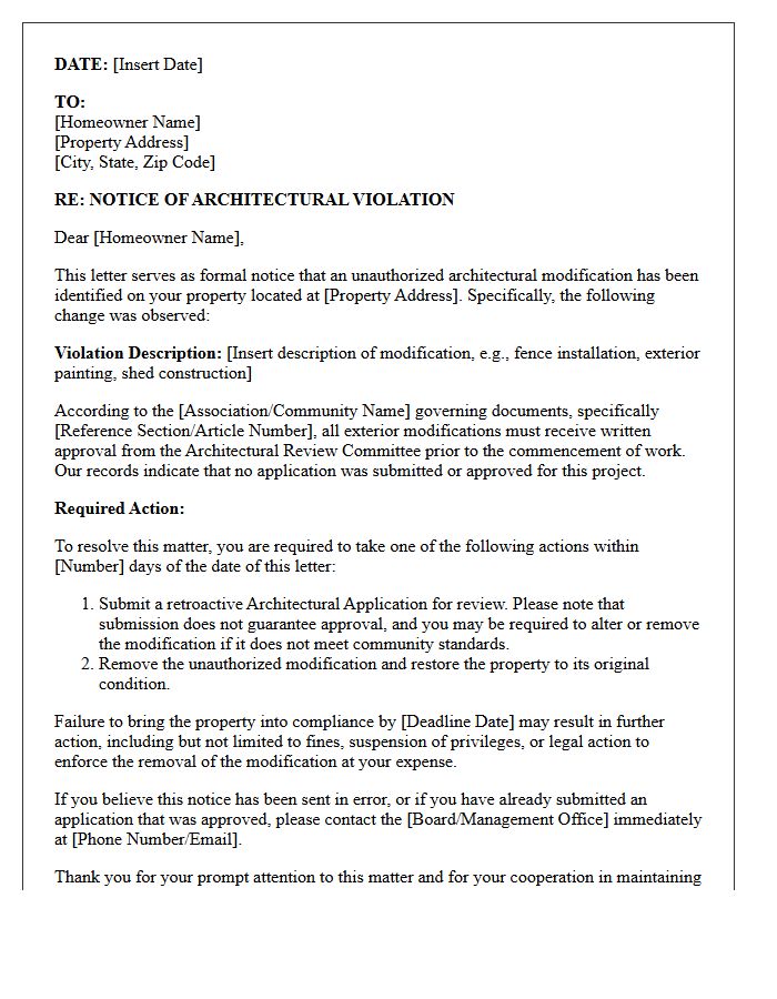 Unauthorized Architectural Modification Violation Demand Letter