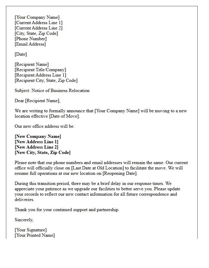 Business Relocation Transition Letter