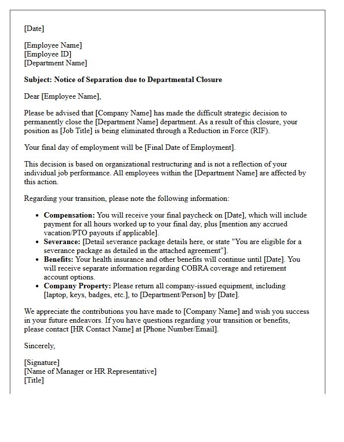 Departmental Closure Reduction in Force Letter