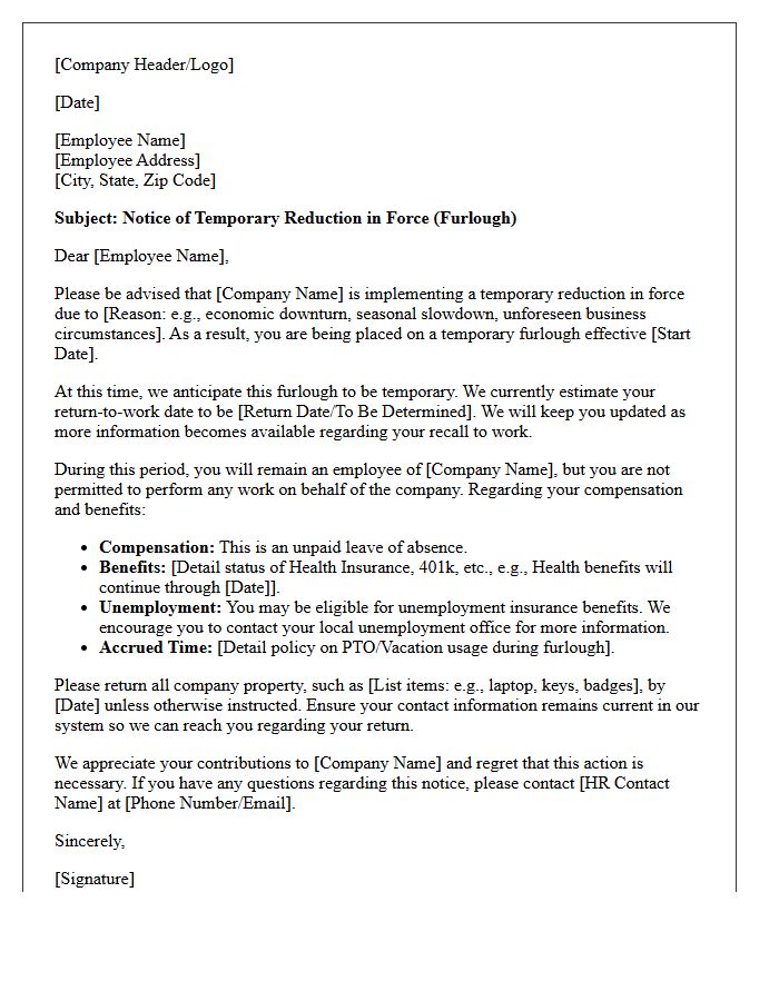 Temporary Reduction in Force Furlough Letter