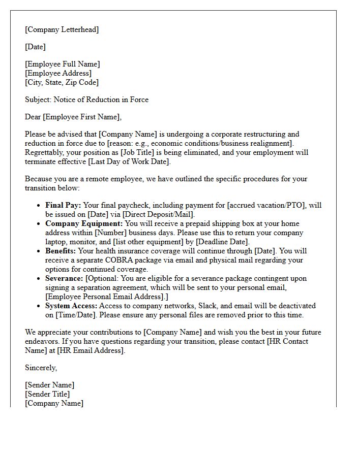 Remote Employee Reduction in Force Layoff Letter