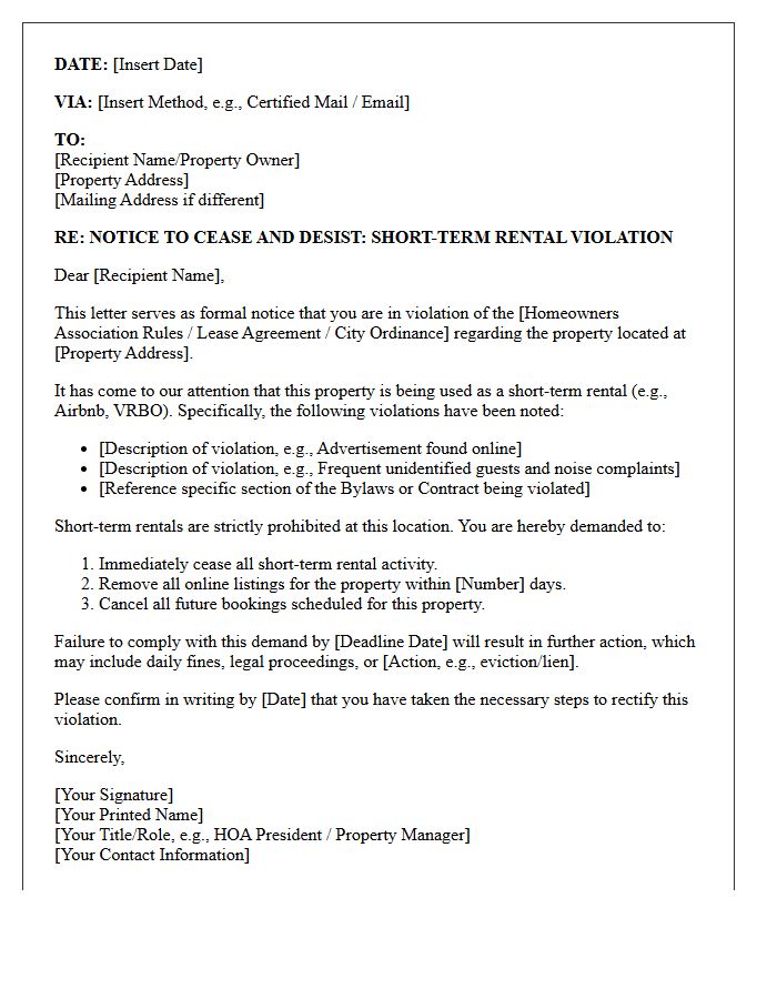 Short-Term Rental Restriction Violation Demand Letter