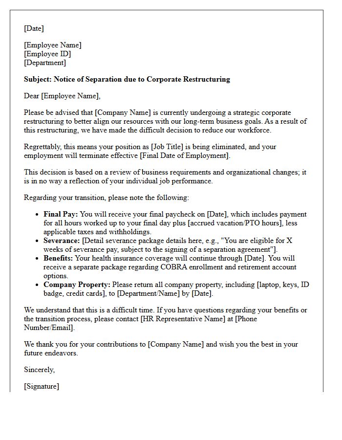 Corporate Restructuring Reduction in Force Letter