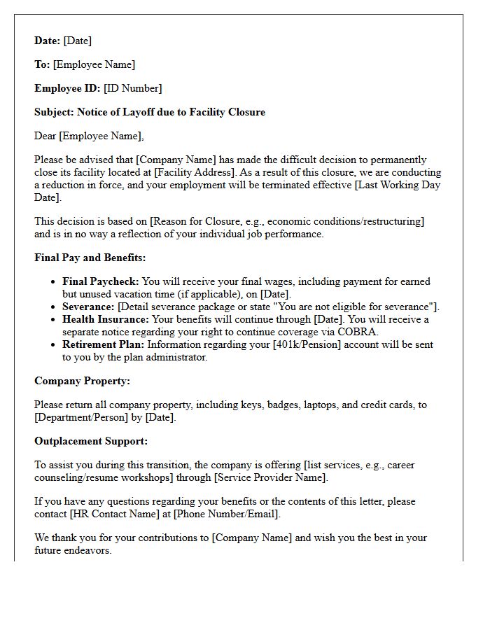 Facility Closure Reduction in Force Layoff Letter