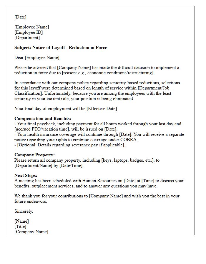 Seniority Based Reduction in Force Layoff Letter