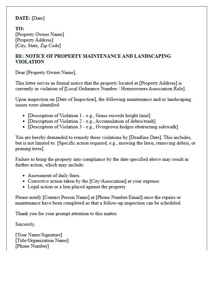 Property Maintenance And Landscaping Violation Demand Letter