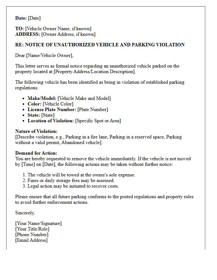 Unauthorized Vehicle And Parking Violation Demand Letter