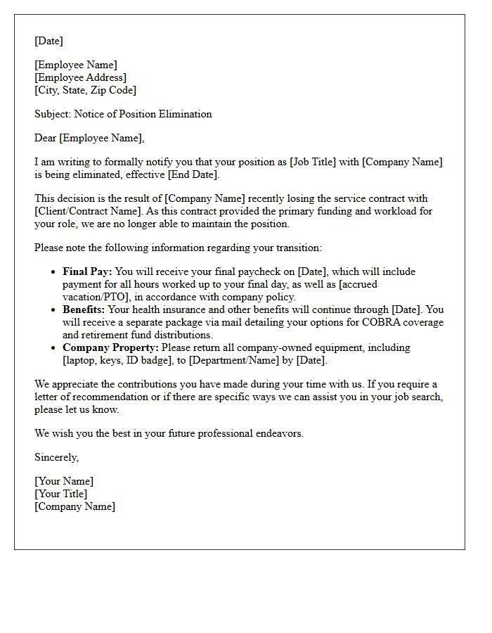 Position Elimination Letter Following Contract Loss