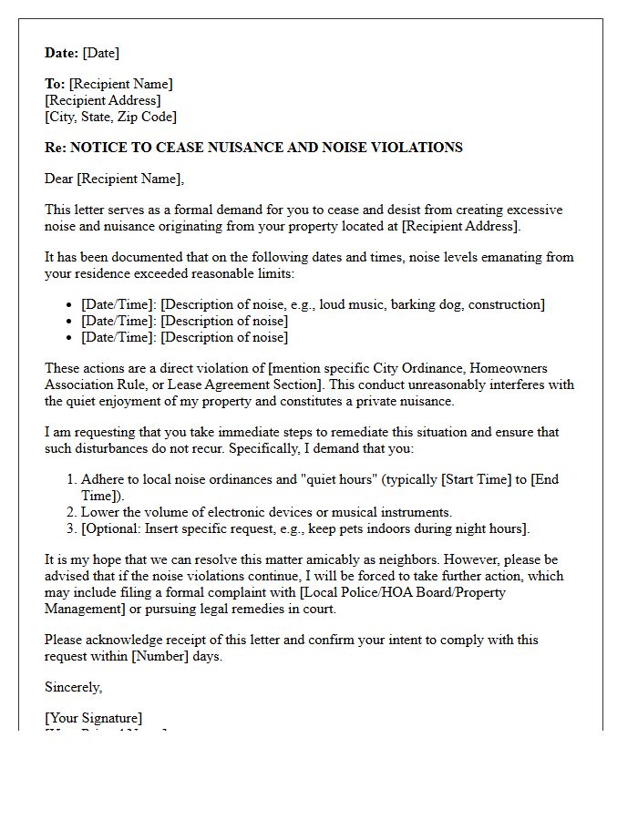 Nuisance And Noise Restriction Violation Demand Letter