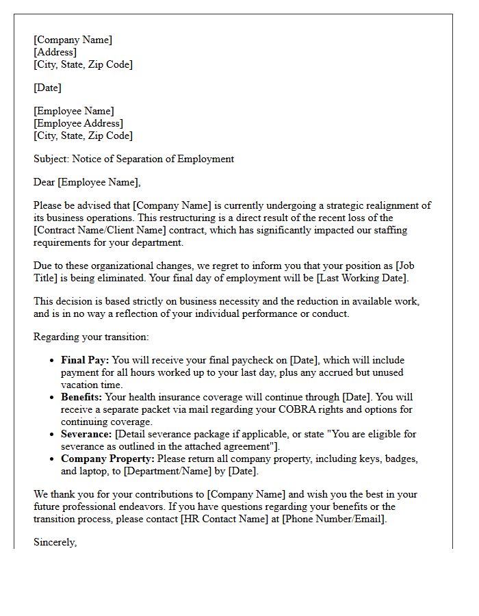 Strategic Realignment and Contract Loss Separation Letter