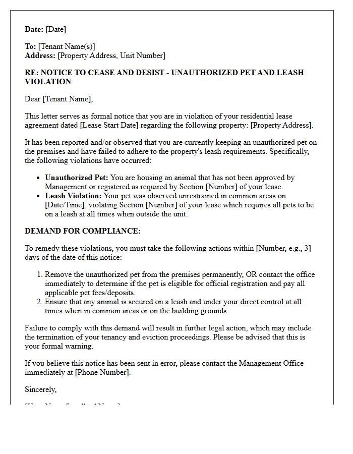 Unauthorized Pet And Leash Rule Violation Demand Letter