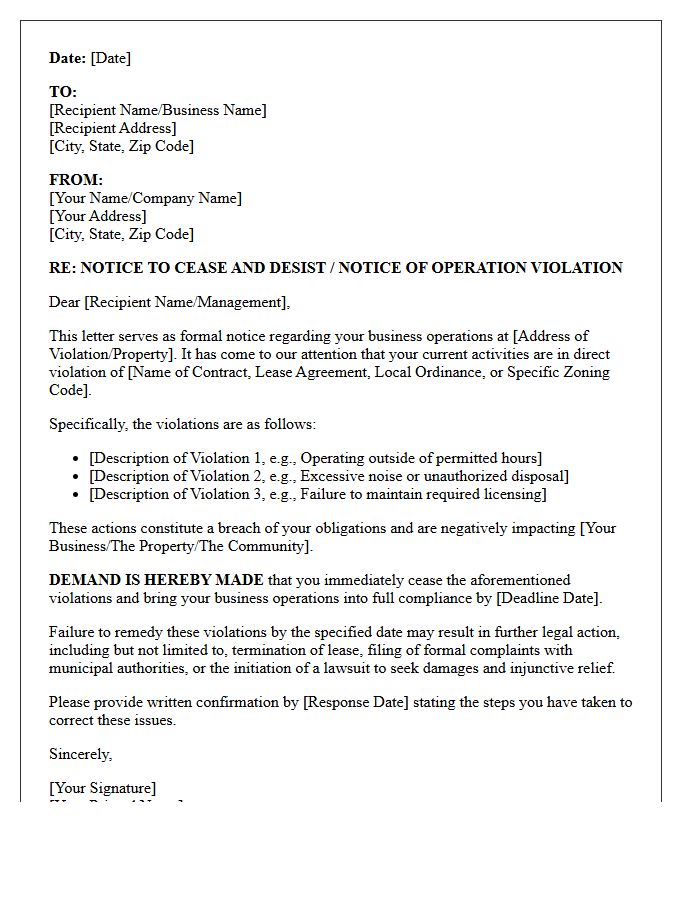 Commercial Business Operation Violation Demand Letter