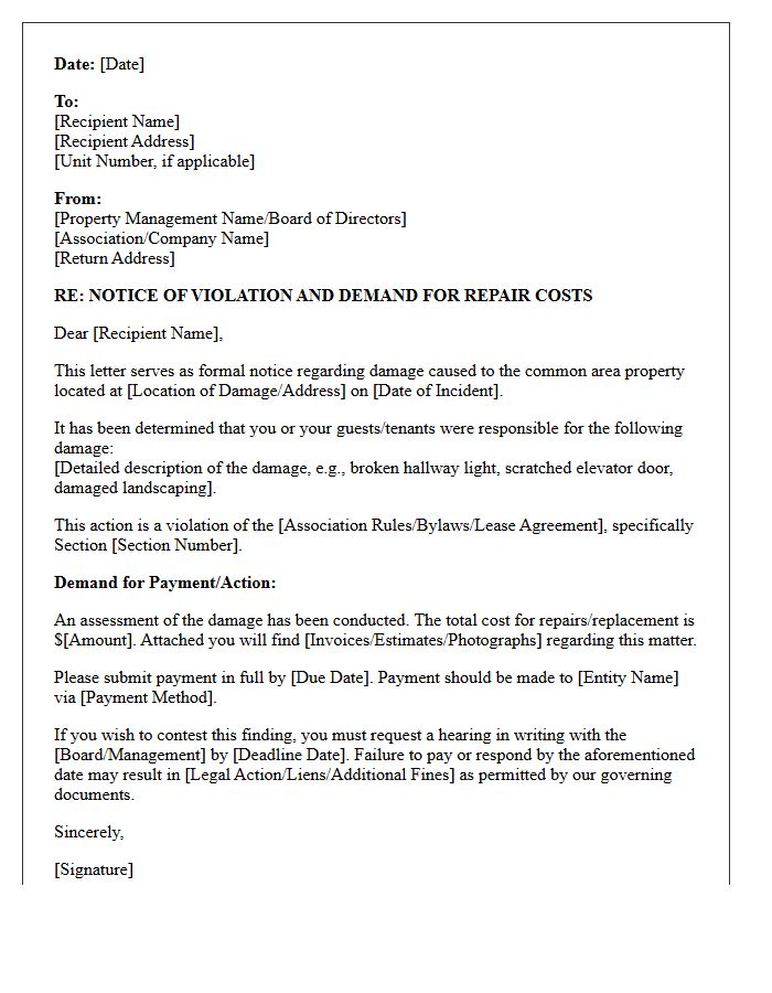 Common Area Property Damage Violation Demand Letter