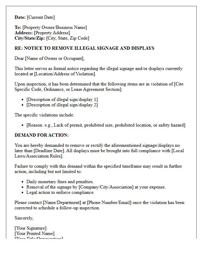 Illegal Signage And Display Violation Demand Letter