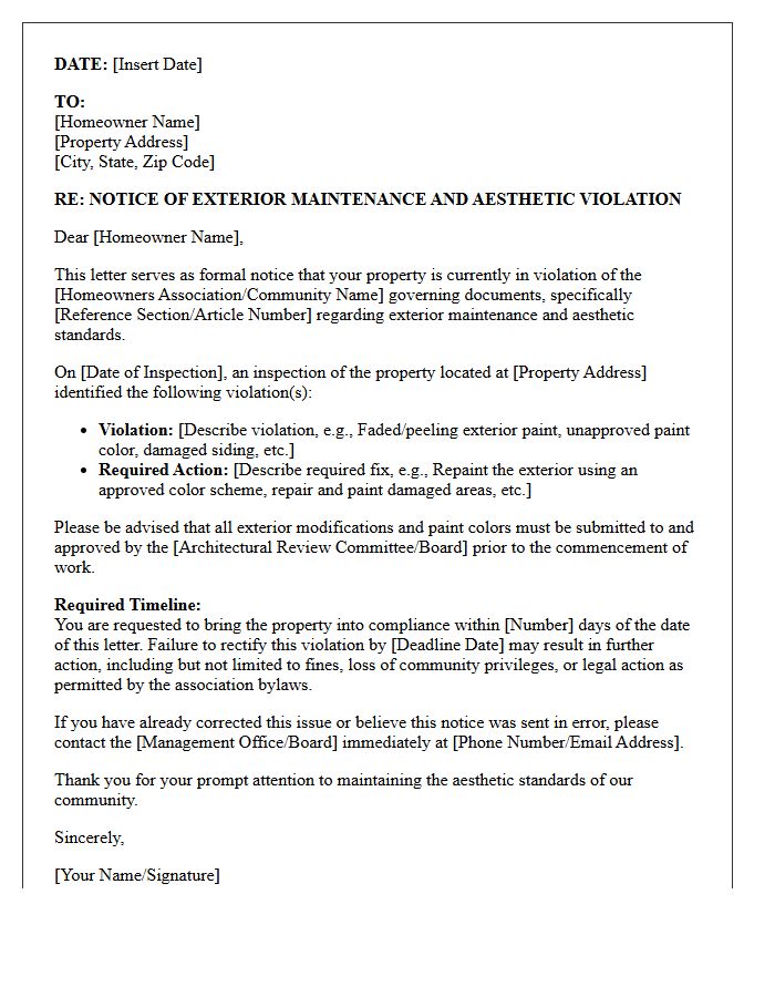 Exterior Paint And Aesthetic Violation Demand Letter