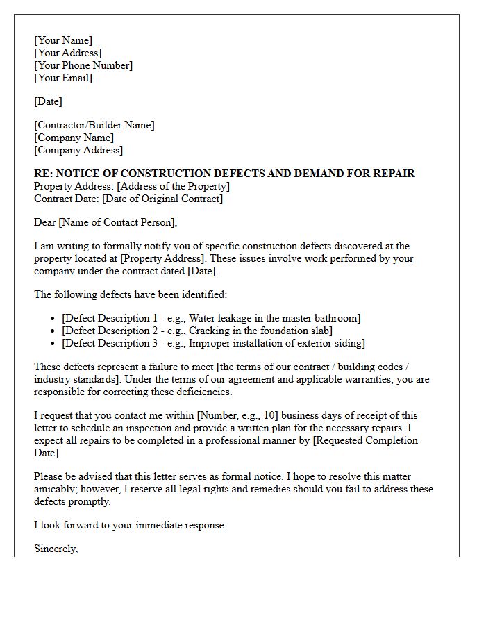 Initial Construction Defect Repair Demand Letter