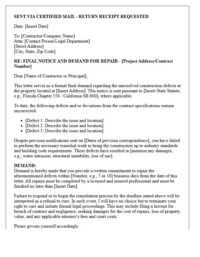 Final Pre-Litigation Construction Defect Repair Demand Letter