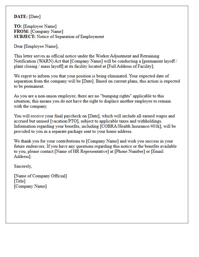Standard Non-Union Employee WARN Act Notice Letter