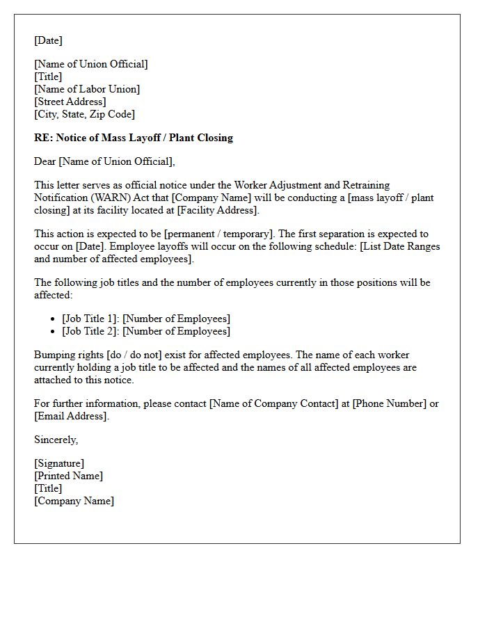 Union Representative Mass Layoff WARN Act Notice Letter