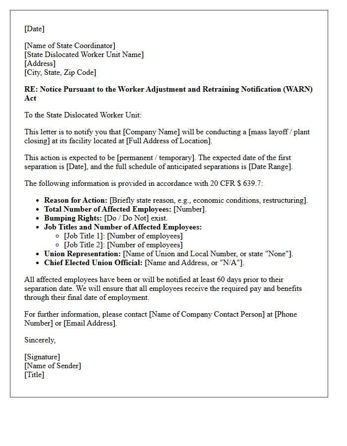 State Dislocated Worker Unit WARN Act Notice Letter